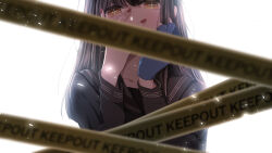 Rule 34 | 1girl, absurdres, black hair, black serafuku, blunt bangs, blurry, blurry foreground, caution tape, commentary request, envy cat walk (vocaloid), gloves, highres, keep out, light particles, long hair, nail polish, oshi no ko, red nails, school uniform, serafuku, sidelocks, simple background, single glove, solo, star-shaped pupils, star (symbol), symbol-shaped pupils, vocaloid, white background, winklet, yellow eyes