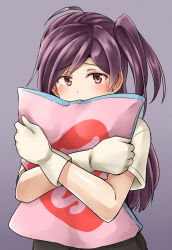 Rule 34 | 10s, 1girl, ahoge, covering own mouth, gloves, grey background, hagikaze (kancolle), highres, hugging object, kamelie, kantai collection, long hair, looking at viewer, one side up, pillow, pillow hug, purple hair, short sleeves, side ponytail, simple background, skirt, solo, tears, vest, yes, yes-no pillow