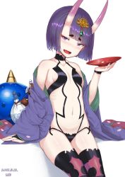 Rule 34 | 1girl, :d, absurdres, alcohol, bad id, bad pixiv id, breasts, commentary request, cup, fang, fate/grand order, fate (series), gogongzid, highres, horns, navel, oni, open mouth, pale skin, purple eyes, purple hair, sakazuki, sake, short hair, shuten douji (fate), simple background, sitting, skin-covered horns, slit pupils, small breasts, smile, solo, thighhighs, white background
