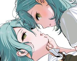 Rule 34 | 2girls, aqua hair, bang dream!, finger to another&#039;s mouth, green eyes, highres, hikawa hina, hikawa sayo, imminent kiss, incest, jewelry, looking at viewer, multiple girls, necklace, open mouth, profile, siblings, sisters, twincest, twins, yuri, zihacheol