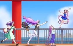 Rule 34 | 4girls, absurdly long hair, alternate costume, arm up, bag, balancing, black footwear, black shirt, blue sky, blush, closed eyes, cloud, commentary, covering own mouth, day, dress, english commentary, euryale (fate), facing another, fate/hollow ataraxia, fate/stay night, fate (series), from side, glasses, green dress, hair ornament, hair scrunchie, hairband, hand over own mouth, highres, jhe030167, laughing, long hair, long skirt, low-tied long hair, matou sakura, medusa (fate), medusa (rider) (fate), multiple girls, open mouth, outstretched arms, purple footwear, running, scrunchie, shaded face, shirt, siblings, sisters, skirt, sky, sleeveless, sleeveless shirt, spring onion, stheno (fate), twins, twintails, very long hair, water, yellow scrunchie