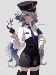 Rule 34 | 1girl, asagizuisen, black footwear, black hat, black shorts, blue eyes, blue hair, blue necktie, boots, cowboy shot, furina (genshin impact), genshin impact, gold trim, hand up, hat, highres, holding, holding key, key, keyring, long hair, long sleeves, looking at viewer, multicolored hair, necktie, peaked cap, puffy long sleeves, puffy sleeves, shirt, shorts, simple background, solo, streaked hair, thigh boots, very long hair, white hair, white shirt
