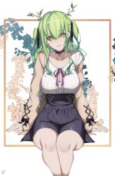 Rule 34 | 1girl, absurdres, antlers, artist name, black choker, black ribbon, black skirt, branch, breasts, brown jacket, ceres fauna, ceres fauna (jirai kei), choker, cleavage, commentary, english commentary, flower, green hair, highres, hololive, hololive english, horns, jacket, large breasts, long hair, looking at viewer, o22no, purple ribbon, ribbon, shirt, simple background, sitting, skirt, smile, solo, virtual youtuber, white background, white shirt, yellow eyes