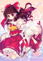 Rule 34 | 1girl, ahoge, bare shoulders, bow, brown hair, detached sleeves, female focus, frills, gohei, hair bow, hakurei reimu, japanese clothes, long hair, looking at viewer, miko, red eyes, red hair, shinia, smile, solo, touhou