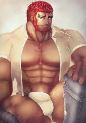 Rule 34 | 1boy, abs, absurdres, bara, beard, bulge, dark-skinned male, dark skin, erection, erection under clothes, eyebrow cut, facial hair, feet out of frame, flaming eye, hephaestus (housamo), highres, large pectorals, looking at viewer, male focus, male swimwear, mature male, mono (3436234), muscular, muscular male, mustache, navel, open clothes, open shirt, pectoral cleavage, pectorals, prosthesis, prosthetic leg, red eyes, scar, scar on chest, scar on leg, shirt, short hair, sitting, solo, stomach, swim briefs, thick eyebrows, thick thighs, thighs, tokyo houkago summoners, white male swimwear, white shirt