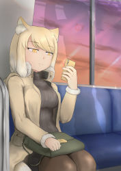 Rule 34 | 10s, 1girl, alternate costume, animal ears, arm rest, bag, blonde hair, cellphone, closed mouth, coat, collared coat, contemporary, expressionless, fox ears, fox tail, fur-trimmed sleeves, fur collar, fur trim, hand up, high collar, highres, holding, holding phone, japari symbol, john (a2556349), kemono friends, long sleeves, medium hair, multicolored hair, open clothes, open coat, orange eyes, pantyhose, phone, pocket, ribbed sweater, ringed eyes, shadow, sitting, skirt, sky, smartphone, solo, sweater, swept bangs, tail, tibetan fox (kemono friends), train interior, tsurime, turtleneck, turtleneck sweater, twilight, two-tone hair, white hair, window
