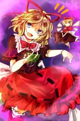 Rule 34 | 1girl, :d, blonde hair, bobby socks, bow, bowtie, doll, doll joints, dress, flower, hair bow, joints, kutsuki kai, lily of the valley, medicine melancholy, open mouth, smile, socks, su-san, touhou