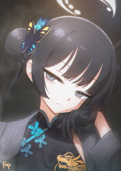 Rule 34 | 1girl, black dress, black gloves, black hair, blue archive, butterfly hair ornament, china dress, chinese clothes, closed mouth, coat, commentary, double bun, dragon print, dress, fpanda, gloves, grey eyes, hair bun, hair ornament, half-closed eyes, halo, highres, kisaki (blue archive), long hair, long sleeves, looking at viewer, open clothes, open coat, signature, simple background, smoke, solo, twintails, upper body