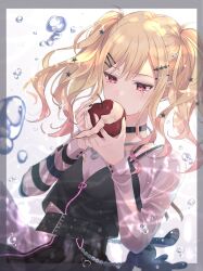 Rule 34 | 1girl, air bubble, apple, black choker, blonde hair, bubble, chain, choker, commentary, covered mouth, crying, dot nose, food, fruit, gradient hair, hair ornament, hairpin, hands up, heart, highres, holding, holding food, holding fruit, jewelry, long hair, long sleeves, multicolored hair, multiple hairpins, nasubi (nasubi 777777), necklace, no seek no find (project sekai), official alternate costume, pink eyes, pink hair, project sekai, solo, star (symbol), star hair ornament, streaming tears, tears, tenma saki, twintails, two-tone hair, zipper pull tab