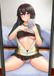 Rule 34 | 1girl, absurdres, bed, black bra, black skirt, black sports bra, blue eyes, blush, bra, breasts, brown hair, cellphone, closed mouth, clothes lift, commentary request, covered erect nipples, hayasui (kancolle), head tilt, highres, holding, holding phone, indoors, jacket, kantai collection, kneehighs, lifting own clothes, lips, looking at viewer, medium breasts, microskirt, mirror, mizuse kouichi, navel, panties, pantyshot, partially unzipped, phone, pleated skirt, reflection, selfie, shirt, shirt lift, short hair, short sleeves, sitting, skirt, smartphone, smile, socks, solo, sports bra, spread legs, taking picture, thighs, track jacket, underboob, underwear, upskirt, wariza, white socks, white panties, white shirt, zipper