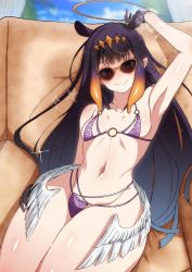 Rule 34 | 1girl, arm up, armpits, bikini, blunt bangs, blush, gloves, gradient hair, hair ornament, halo, hololive, hololive english, long hair, looking at viewer, low wings, lying, multicolored hair, naoillus, navel, ninomae ina&#039;nis, o-ring, o-ring top, on back, orange hair, pointy ears, purple hair, shiny skin, sidelocks, smile, solo, stomach, swimsuit, tentacle hair, thick thighs, thighs, twitter username, very long hair, virtual youtuber, wide hips, wings