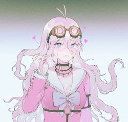 Rule 34 | 1girl, antenna hair, barbed wire, blonde hair, blue eyes, blush, bow, breasts, brown choker, choker, collarbone, commentary request, danganronpa (series), danganronpa v3: killing harmony, dinwoon, goggles, goggles on head, gradient background, hair between eyes, hand up, heart, highres, iruma miu, large breasts, long hair, long sleeves, messy hair, parted lips, pink bow, pink shirt, sailor collar, shirt, sweat, teeth, upper body, white sailor collar