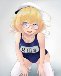 Rule 34 | 1girl, ahoge, all fours, blue eyes, breasts, cleavage, glasses, gradient background, grey background, hat, i-8 (kancolle), kaginoko, kantai collection, kneeling, large breasts, looking at viewer, low twintails, name tag, one-piece swimsuit, open mouth, peaked cap, red-framed eyewear, sailor hat, school swimsuit, semi-rimless eyewear, solo, swimsuit, swimsuit under clothes, thighhighs, twintails, under-rim eyewear, wet, wet clothes, wet swimsuit, white thighhighs