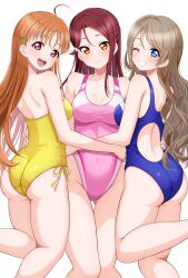 Rule 34 | 3girls, alternate hairstyle, ass, bare shoulders, blue eyes, breasts, brown hair, casual one-piece swimsuit, cleavage, competition swimsuit, highres, hiiragi kei, long hair, looking at viewer, love live!, love live! sunshine!!, multiple girls, one-piece swimsuit, orange hair, red eyes, sakurauchi riko, simple background, swimsuit, takami chika, watanabe you, yellow eyes