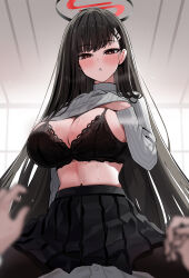 Rule 34 | 1boy, 1girl, absurdres, black bra, black hair, black pantyhose, black skirt, blue archive, blush, bra, breasts, cleavage, clothes lift, girl on top, hair ornament, hairclip, halo, highres, large breasts, lifting own clothes, long hair, long sleeves, looking at viewer, navel, pantyhose, pleated skirt, red eyes, ribbed sweater, rio (blue archive), sitting, sitting on person, skirt, solo focus, straddling, sweat, sweater, sweater lift, thighs, turtleneck, turtleneck sweater, underwear, very long hair, white sweater, yuki (asayuki101)