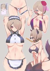 Rule 34 | 1girl, alcohol, animal ears, armpits, arms behind back, bare shoulders, between breasts, bikini, breast hold, breasts, brown background, brown hair, chain, closed mouth, collar, cup, dog ears, dog girl, dog tail, drinking glass, flower, formal, hair flower, hair ornament, hair over one eye, hands up, highres, holding, honkai (series), honkai impact 3rd, jack (darkshero), looking at viewer, maid, maid bikini, maid headdress, navel, panties, paw pose, purple eyes, refrigerator, rita rossweisse, short hair, simple background, solo, spiked collar, spikes, spilling, swimsuit, tail, thong, unconventional maid, underwear, wine, wine glass