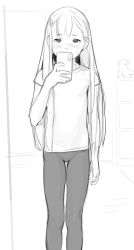 Rule 34 | 1girl, arm at side, bad id, bad pixiv id, blush, cellphone, greyscale, hair ornament, hairclip, hand up, highres, holding, holding phone, i0525, indoors, long hair, monochrome, original, pantyhose, phone, selfie, shirt, short sleeves, smartphone, solo, standing, thigh gap