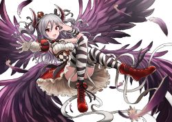 Rule 34 | 10s, 1girl, bandages, demon horns, drill hair, granblue fantasy, horns, idolmaster, idolmaster cinderella girls, kanzaki ranko, kitiku, long hair, open mouth, red eyes, silver hair, simple background, solo, twin drills, two side up, wings