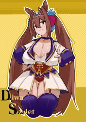 Rule 34 | 1girl, absurdres, animal ears, blush, breasts, brown hair, buttons, character name, choker, cleavage, closed mouth, commentary request, daiwa scarlet (umamusume), fang, hair intakes, highres, horse ears, horse girl, horse tail, jacket, large breasts, long hair, long sleeves, looking at viewer, open clothes, open jacket, purple thighhighs, red eyes, red shirt, red shorts, shirt, shorts, skin fang, skirt, solo, starting future (umamusume), tail, thighhighs, thighs, tiara, twintails, umamusume, very long hair, white jacket, white skirt, yellow background, zhaod