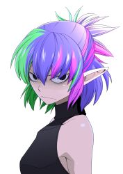 Rule 34 | 1girl, alternate eye color, alternate hair color, bags under eyes, black eyes, black shirt, closed mouth, commentary request, freckles, frown, green hair, half updo, looking at viewer, mizuhashi parsee, multicolored hair, pink hair, pointy ears, purple hair, shaded face, shirt, short hair, simple background, sleeveless, sleeveless shirt, solo, streaked hair, touhou, upper body, uraraku shimuni, white background