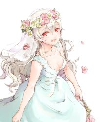 Rule 34 | 1girl, blush, breasts, cleavage, collarbone, corrin (female) (fire emblem), corrin (fire emblem), dress, fire emblem, fire emblem fates, fire emblem heroes, gloves, long hair, looking at viewer, medium breasts, nintendo, open mouth, pointy ears, red eyes, robaco, simple background, sleeveless, sleeveless dress, smile, solo, sundress, white dress, white hair