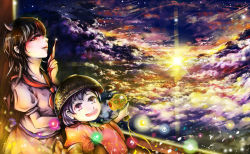 Rule 34 | 2girls, 3 jiao xian er, bow, bowl, cloud, grey horns, horns, japanese clothes, kijin seija, kimono, mallet, multicolored hair, multiple girls, pointing, pointing up, purple hair, red eyes, short sleeves, sky, smile, sukuna shinmyoumaru, sun, sunset, touhou