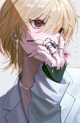 Rule 34 | 1boy, absurdres, androgynous, artist name, black nails, blonde hair, collared shirt, covering own mouth, earrings, grey background, hair between eyes, hand over own mouth, highres, hunter x hunter, jewelry, kurapika, layered sleeves, male focus, multiple rings, nail polish, necklace, red eyes, ring, shirt, simple background, sjamki, solo, sparkle, upper body