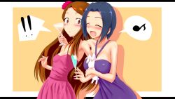 2girls ahoge blue_hair blush breasts brown_hair dress glass idolmaster idolmaster_(classic) large_breasts long_hair minase_iori miura_azusa multiple_girls na-ru open_mouth short_hair small_breasts smile stuffed_animal stuffed_rabbit stuffed_toy