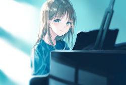Rule 34 | 1girl, black shirt, blurry, blush, brown eyes, brown hair, commentary request, depth of field, grand piano, highres, instrument, light, long hair, looking at viewer, original, piano, shirt, sidelocks, smile, solo, suzumi konbu, upper body