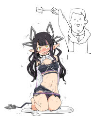 Rule 34 | 1girl, nanashi inc., bandeau, black bandeau, black hair, black shorts, blunt bangs, blush, breasts, chain, clothing cutout, commentary request, demon girl, demon horns, demon tail, full body, grey jacket, highres, horns, jacket, kojo anna, long hair, long sleeves, looking at viewer, medium breasts, multicolored hair, navel, nose blush, open mouth, pointy ears, purple hair, seiza, shorts, shoulder cutout, shrug (clothing), sitting, sugar lyric, tail, tomatojam, trembling, twintails, two-tone hair, virtual youtuber, water, wet, wet clothes, white background, yellow eyes