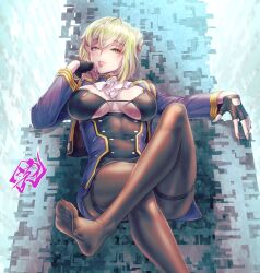 Rule 34 | alpha (rebuild world), blonde hair, blue eyes, breasts, commission, crossed legs, feet, fingerless gloves, fujii eishun, gloves, hand on own face, highres, large breasts, lips, lipstick, makeup, military, military uniform, multicolored hair, nail polish, pantyhose, pink nails, rebuild world, signature, sitting, skeb commission, soles, solo, throne, two-tone hair, uniform