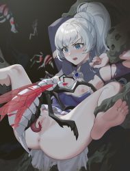 Rule 34 | 1boy, 1girl, ass, barefoot, bestiality, bug, censored, feet, highres, imminent penetration, imminent rape, imminent vaginal, long hair, mosaic censoring, penis, pussy, rape, restrained, rwby, soles, spiked penis, spread legs, toes, wangxiii, weiss schnee