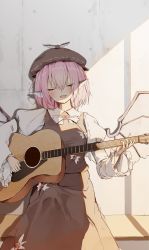 Rule 34 | 1girl, absurdres, animal ears, bird ears, bird wings, blush, brown dress, brown hat, closed eyes, dress, frilled sleeves, frills, guitar, hair between eyes, hat, highres, holding, holding instrument, instrument, long sleeves, music, mystia lorelei, open mouth, pink hair, playing instrument, pocche-ex, short hair, smile, solo, touhou, white wings, wide sleeves, winged hat, wings