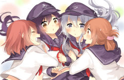 Rule 34 | 4girls, :d, :o, absurdres, akatsuki (kancolle), anchor symbol, arm hug, artist name, black hat, black skirt, blurry, blurry background, blush, brown eyes, brown hair, commentary request, depth of field, flat cap, folded ponytail, grey eyes, hair between eyes, hair ornament, hairclip, hat, hibiki (kancolle), highres, holding hands, ikazuchi (kancolle), inazuma (kancolle), interlocked fingers, kantai collection, long hair, long sleeves, looking at viewer, multiple girls, neckerchief, open mouth, parted lips, pleated skirt, purple hair, red neckerchief, school uniform, serafuku, shirt, signature, silver hair, skirt, smile, very long hair, white shirt, zuho (vega)