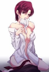 Rule 34 | 1girl, amputee, bad id, bad pixiv id, bandages, bare shoulders, bazett fraga mcremitz, blush, breasts, earrings, fate/hollow ataraxia, fate (series), jewelry, looking at viewer, maribsr, open clothes, open shirt, red eyes, red hair, shirt, solo, tears