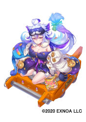Rule 34 | 1girl, ahoge, animal ears, blue hair, breasts, cleavage, company name, full body, hair between eyes, jacket, large breasts, long hair, looking at viewer, low-tied long hair, mask, mask on head, mataichi mataro, multicolored hair, ole tower, pom pom (clothes), silver hair, sitting, sleep mask, sleeves past fingers, sleeves past wrists, snack, solo, stuffed toy, two-tone hair, wide sleeves