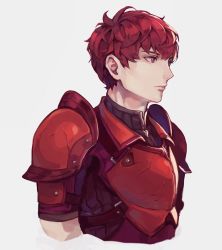 Rule 34 | 1boy, armor, breastplate, fire emblem, fire emblem echoes: shadows of valentia, fire emblem gaiden, highres, lukas (fire emblem), male focus, nintendo, pauldrons, portrait, red armor, red eyes, red hair, shoulder armor, simple background, solo, white background