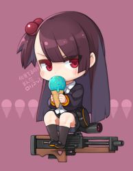 Rule 34 | 1girl, black footwear, black socks, black skirt, blush, bullpup, chibi, collared shirt, commentary request, food, full body, girls&#039; frontline, gun, hair bobbles, hair ornament, holding, holding food, ice cream, ice cream cone, kneehighs, long hair, long sleeves, looking at viewer, mary janes, one side up, pink background, pleated skirt, purple hair, ran system, red eyes, rifle, scope, shirt, shoes, sitting, skirt, sniper rifle, socks, solo, sprinkles, translation request, v-shaped eyebrows, very long hair, wa2000 (girls&#039; frontline), walther, walther wa 2000, weapon, white shirt, wing collar