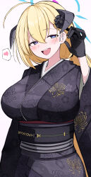 Rule 34 | 1girl, ahoge, akari (blue archive), akari (new year) (blue archive), black gloves, black kimono, blonde hair, blue archive, blue eyes, blush, breasts, commentary, gloves, hair between eyes, halo, heart, highres, horns, huge breasts, japanese clothes, kimono, long hair, long sleeves, looking at viewer, official alternate costume, smile, solo, spoken heart, upper body, yun (kbdenz9)