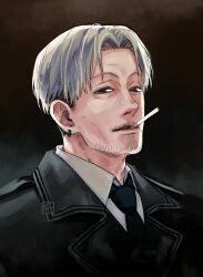 Rule 34 | 1boy, artist logo, chainsaw man, coat, collared shirt, curtained hair, ear piercing, earrings, facial hair, formal, goatee stubble, grey hair, jewelry, kishibe (chainsaw man), kitunejima, looking at viewer, mustache stubble, piercing, shirt, short hair, smoke, solo, stitches, stubble, suit, undercut, white shirt