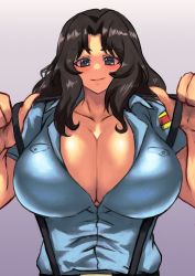 Rule 34 | 1girl, aoshidan school uniform, belt, black belt, black hair, blue eyes, blue shirt, blush, bougainvillea (unnryuu), breast pocket, breasts, cleavage, closed mouth, collarbone, collared shirt, cowboy shot, dark-skinned female, dark skin, el (girls und panzer), girls und panzer, hair intakes, highres, large breasts, lips, long hair, looking at viewer, no bra, open clothes, open shirt, parted bangs, partially unbuttoned, pocket, pulled by self, school uniform, shirt, short sleeves, simple background, skirt, smile, solo, suspender skirt, suspenders, suspenders pull, upper body