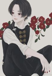 Rule 34 | 1boy, black hair, black pants, black vest, camellia, collared shirt, commentary request, earrings, fang, feet out of frame, flower, grey background, hair over shoulder, hair ribbon, highres, indian style, jewelry, kashuu kiyomitsu, long hair, looking away, looking to the side, male focus, mole, mole under mouth, nail polish, pants, parted hair, parted lips, ponytail, red eyes, red flower, red nails, ribbon, shirt, sitting, sleeves rolled up, smile, solo, touken ranbu, ushiyama ame, vest, white background, white ribbon, white shirt