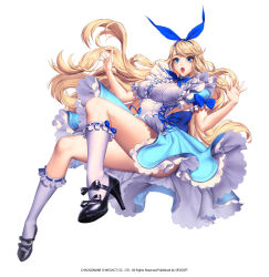 Rule 34 | 1girl, :o, alice (alice in wonderland), alice (alice in wonderland) (cosplay), alice in wonderland, black footwear, blonde hair, blue eyes, blue ribbon, center frills, chaos online, company name, copyright name, cosplay, dress, frills, full body, high heels, highres, kneehighs, long hair, love cacao, no panties, official art, open mouth, ribbon, sheryl (chaos online), shoes, simple background, socks, solo, surprised, white background, white socks