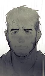 Rule 34 | 1boy, blush, crying, crying with eyes open, facial hair, frown, greyscale, highres, hood, hoodie, long sideburns, looking at viewer, male focus, monochrome, original, portrait, powerlesssong, rain, short hair, sideburns, solo, stubble, tears, undercut, wet, wet hair