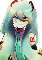 Rule 34 | 1girl, absurdres, aqua eyes, aqua hair, blouse, closed mouth, detached sleeves, eyebrows, hair between eyes, hatsune miku, highres, looking at viewer, necktie, nose, shirt, shoulder tattoo, sleeveless, sleeveless shirt, smile, solo, tattoo, twintails, upper body, vocaloid, white background, ysys 07