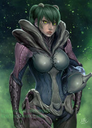 Rule 34 | 1girl, armor, artist name, breasts, commentary, dated, deviantart username, english commentary, glowing, glowing eyes, green eyes, green hair, green theme, hair between eyes, unworn headwear, helmet, unworn helmet, highres, italian commentary, lips, looking at viewer, medium breasts, mixed-language commentary, nose, nostrils, patreon username, saryn (warframe), sciamano240, shoulder armor, signature, solo, warframe