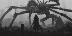 Rule 34 | 1other, amygdala (bloodborne), arms at sides, artist name, bloodborne, capelet, copyright name, eldritch abomination, extra arms, extra eyes, from behind, full body, grey background, greyscale, gun, hat, highres, holding, holding gun, holding weapon, hunter (bloodborne), monochrome, monster, outdoors, saw, saw cleaver, standing, tricorne, tripdancer, weapon
