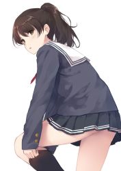 Rule 34 | 1girl, blue jacket, blue skirt, brown eyes, brown hair, buttons, caidychen, commentary request, cowboy shot, double horizontal stripe, high ponytail, highres, jacket, katou megumi, looking at viewer, looking back, neckerchief, pleated skirt, putting on legwear, red neckerchief, saenai heroine no sodatekata, sailor collar, short ponytail, simple background, skirt, solo, thighhighs pull, white background, white sailor collar