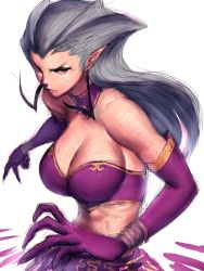 Rule 34 | 1girl, breasts, choker, elbow gloves, fumio (rsqkr), gloves, large breasts, long hair, pointy ears, purple eyes, silver hair, skirt, solo