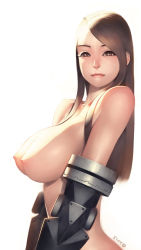 Rule 34 | 1girl, 2015, alien1452, breasts, brown eyes, brown hair, dated, eyelashes, from side, gauntlets, highres, large breasts, lips, long hair, looking at viewer, nipples, nude, original, simple background, solo, straight hair, upper body, white background